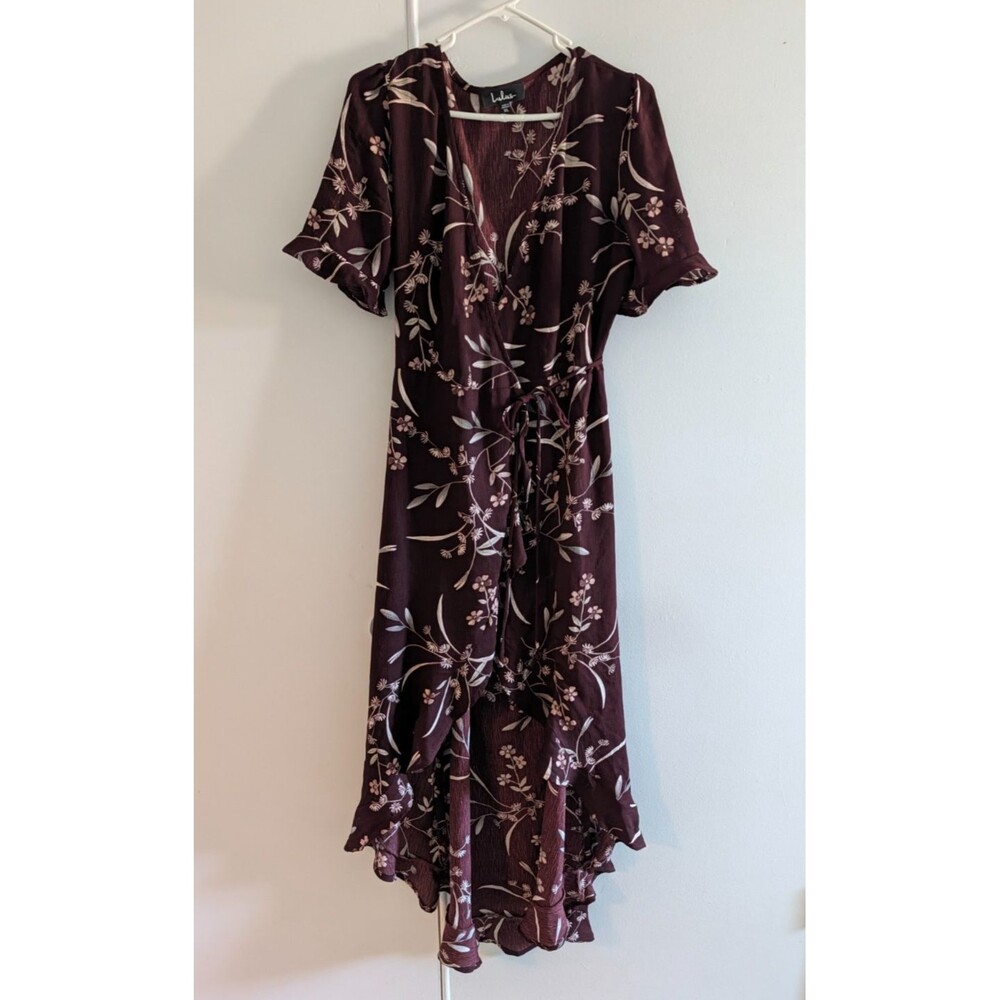 Lulus Womens XL Burgundy Floral High Low Wrap Midi Dress Short Sleeve Ruffle Hem